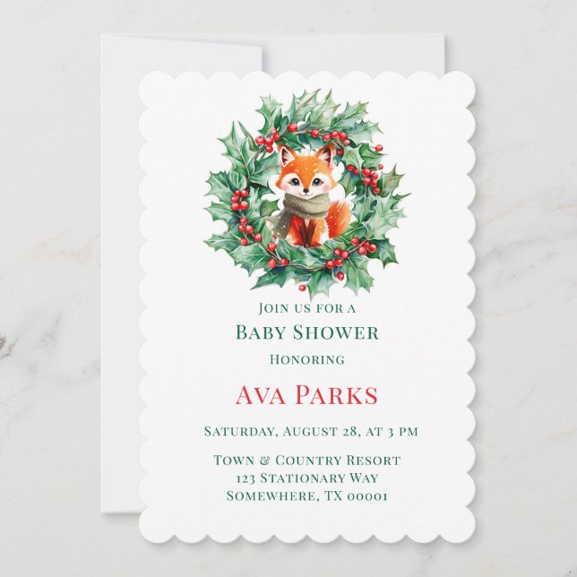 Invitación Navidades Baby Shower de Winter Red Fox Green Berr (Anverso)