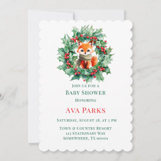 Invitación Navidades Baby Shower de Winter Red Fox Green Berr