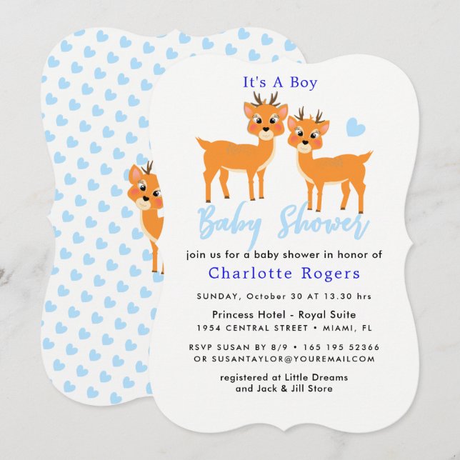Invitación Navidades Baby Shower Deer Boy Cute Blue Winter (Anverso / Reverso)