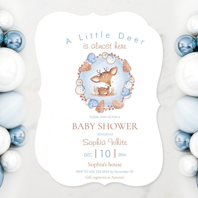 Invitación Navidades Baby Shower Invitation Deer (Boy Christmas shower Invitation in blue with a cute deer)