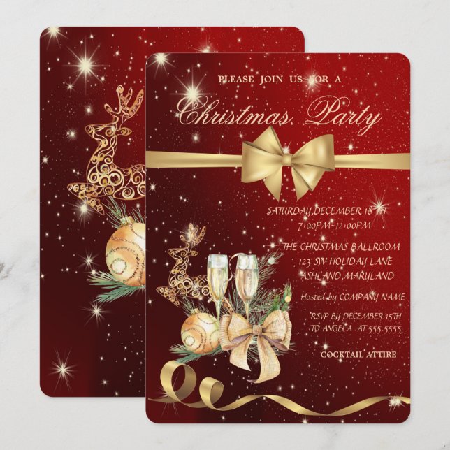 Invitación Navidades Ball, Bow, Fiesta de Navidades de renos  (Anverso / Reverso)