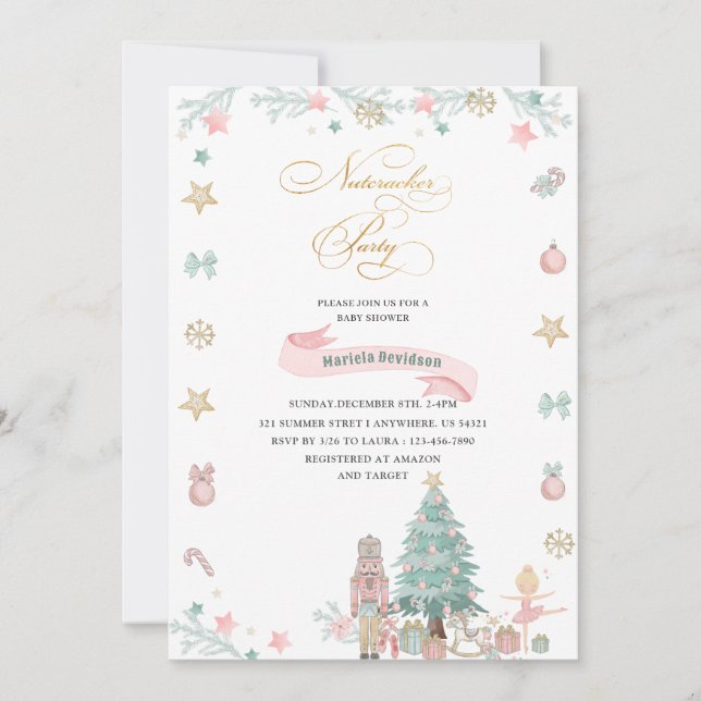 Invitación Navidades Ballet desnudo Bebé de color rosa acuare (Anverso)