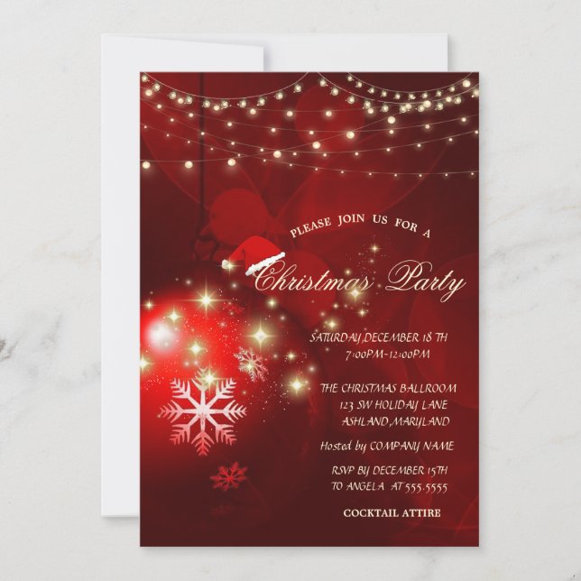 Invitación Navidades Balls Red Lights Sparkle Company Fiesta (Anverso)