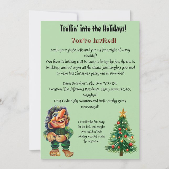 Invitación Navidades baratos en trolls y luz de árbol (Anverso)