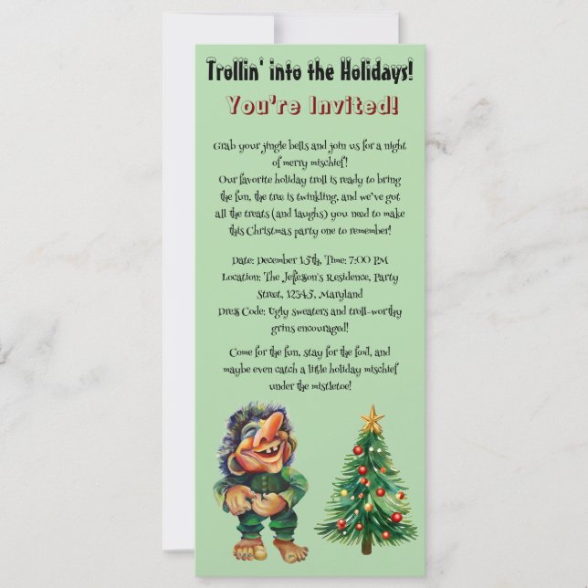 Invitación Navidades baratos en trolls y luz de árbol (Anverso)