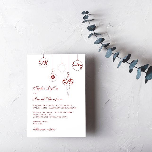 Invitación Navidades bauble ornamentos Boda rojo invierno (Christmas Baubles Wedding Invitation - Berry Red Winter Wedding)