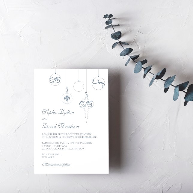 Invitación Navidades Bauble Ornaments Boda Azul Hielo (Christmas Wedding Baubles Wedding Invitation - Ice Blue)