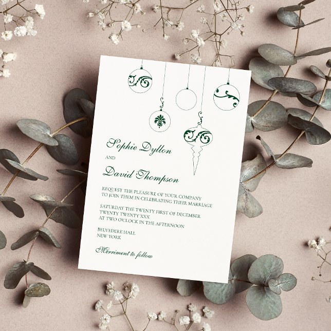 Invitación Navidades Bauble Ornaments Boda Verde Invierno (Christmas Wedding Bauble - Winter Green Wedding Invitation)