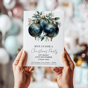Invitación Navidades Baubles Navy Gold Holiday