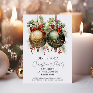 Invitación Navidades Baubles vacaciones de oro verde rojo