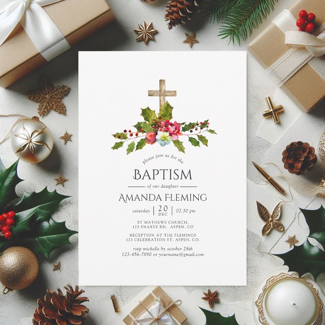 Invitación Navidades Bautismo Floral o Cristianismo (Christmas Floral Baptism or Christening Invitation)