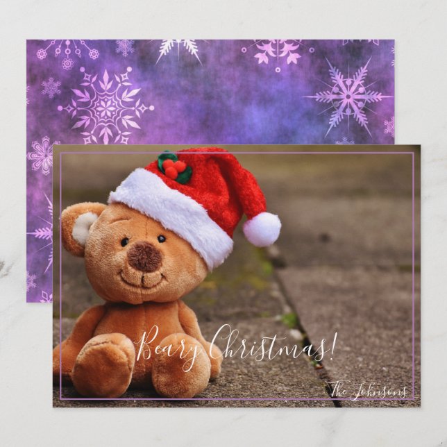 Invitación Navidades Beary (Copos de nieve púrpura) (Anverso / Reverso)