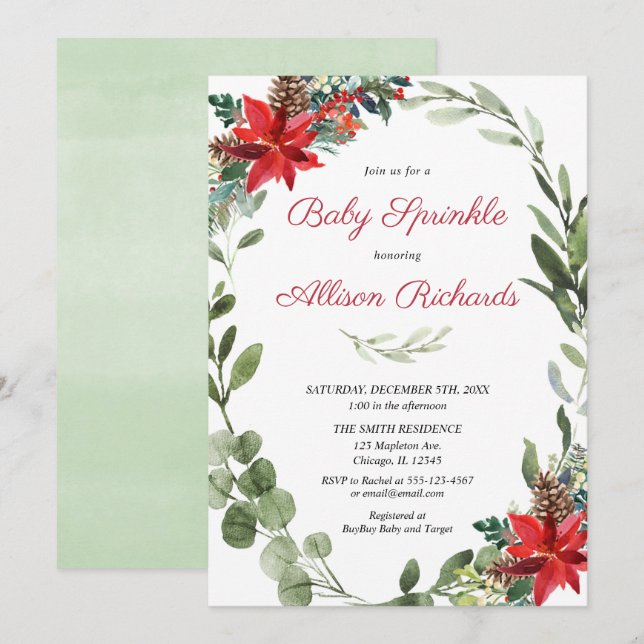 Invitación Navidades bebé rociar poinsettia rojo vegetación (Anverso / Reverso)