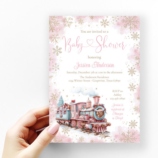 Invitación Navidades Bebé Tren en Baby Shower (Pink and gold snowflake baby shower invitation with cute pastel Christmas train.)