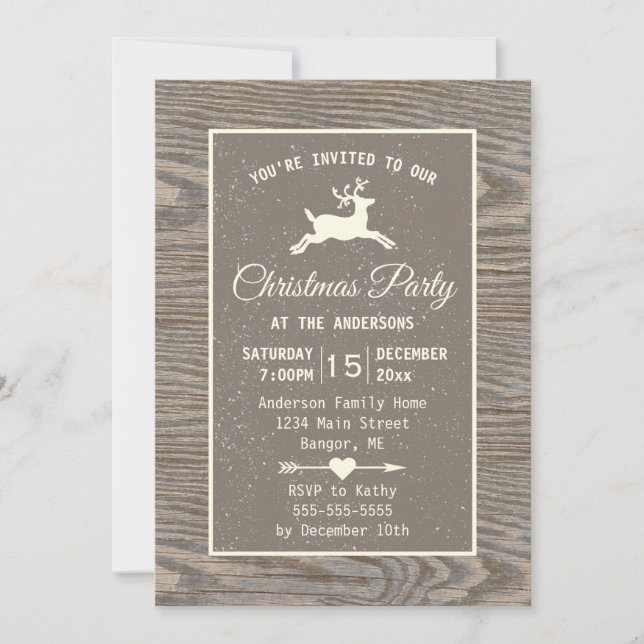 Invitación Navidades beige del país de los renos de la madera (Anverso)