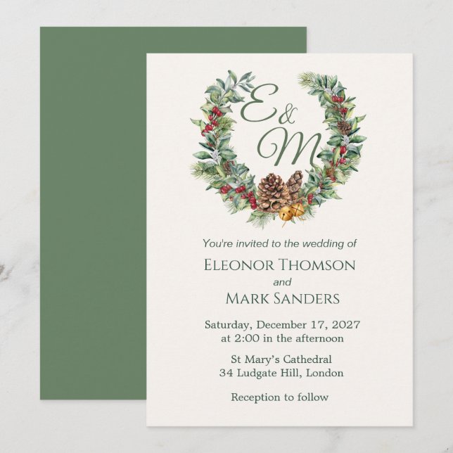 Invitación Navidades berry, Boda monograma de pino (Anverso / Reverso)