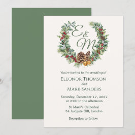 Invitación Navidades berry, Boda monograma de pino