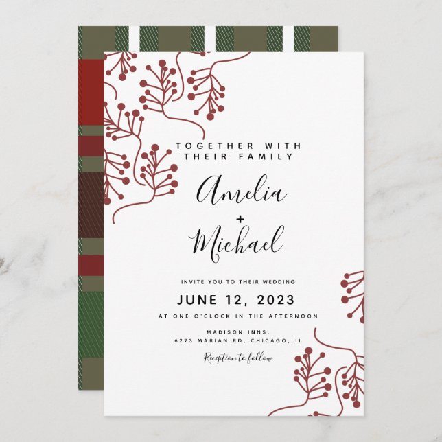 Invitación Navidades Berry y Plaid Boda Botánico (Anverso / Reverso)