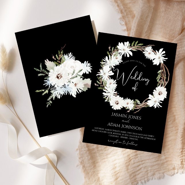 Invitación Navidades blancos florales negras de invierno Boda (Winter White Floral Black Christmas Wreath Wedding Invitation)