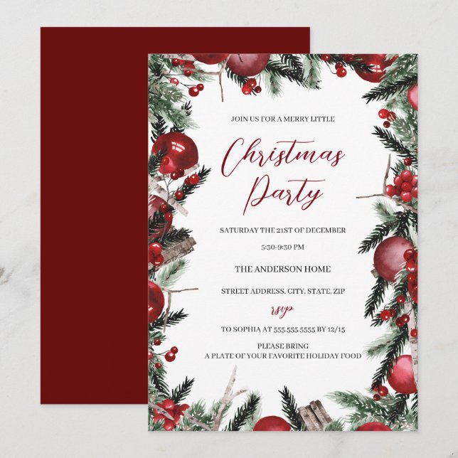 Invitación Navidades blancos rojos usan Fiesta floral festivo (Anverso / Reverso)