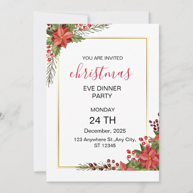 Invitación Navidades blancos verdes y rojos modernos (Anverso)