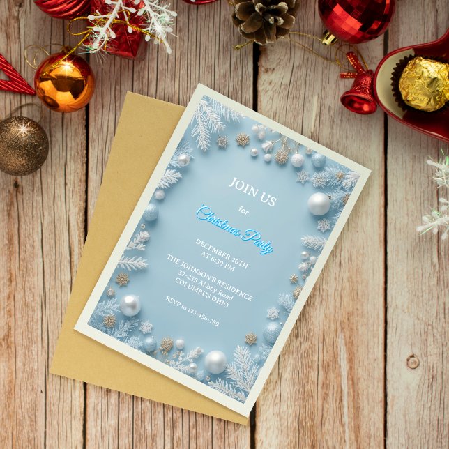 Invitación Navidades blancos y azules brillantes y elegantes (Subido por el creador)