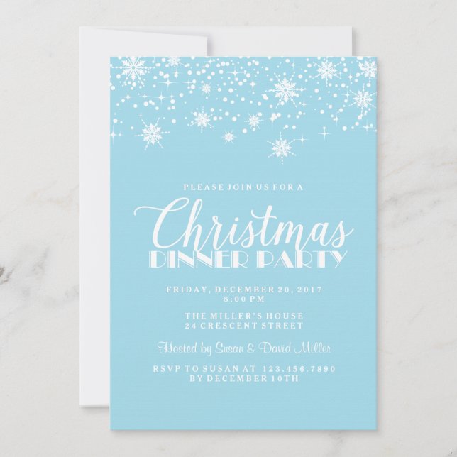 Invitación Navidades blancos y azules de nieve Fiesta de cena (Anverso)