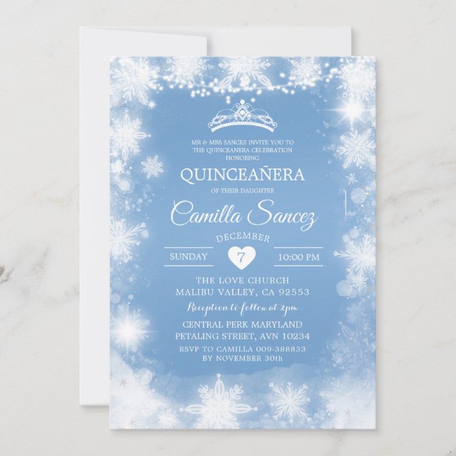 Invitación Navidades blancos y azules invitan a cumplir 16 añ (Anverso)