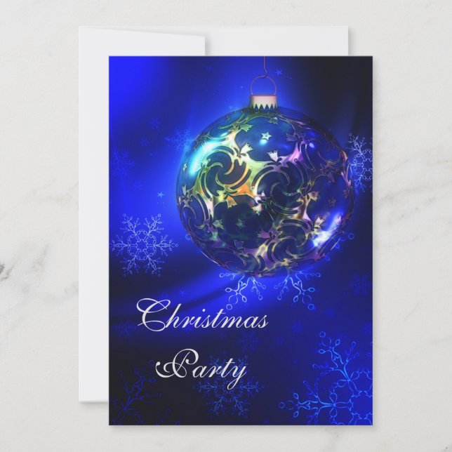 Invitación Navidades Blue & Gold Bauble & Snowflakes Fiesta (Anverso)