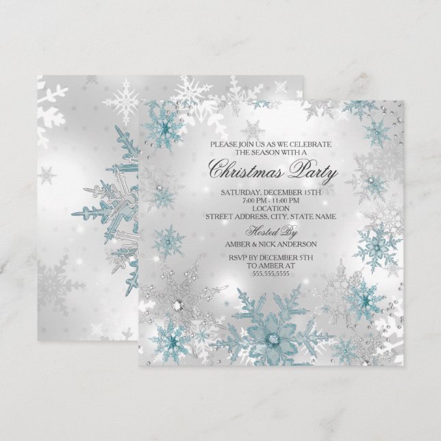 Invitación Navidades Blue Silver Crystal Snowflake Fiesta SQ (Anverso / Reverso)