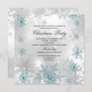 Invitación Navidades Blue Silver Crystal Snowflake Fiesta SQ