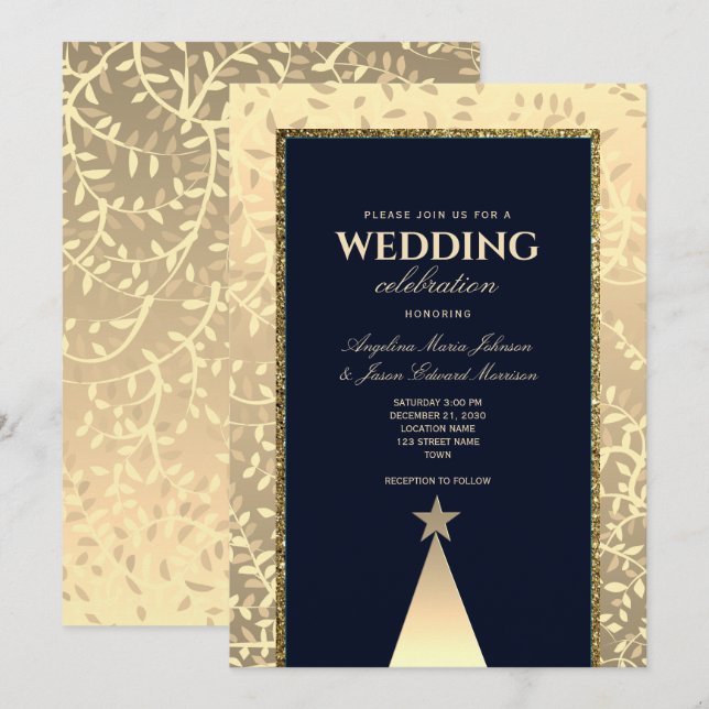 Invitación Navidades Boda azul de la Marina de Oro de Lujo (Anverso / Reverso)