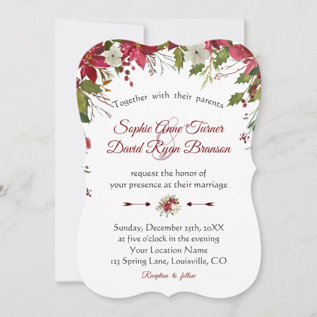 Invitación Navidades Boda Boda de la poinsettia blanca roja (Anverso)