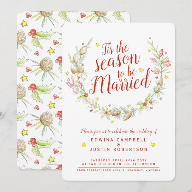 Invitación Navidades boda cones berries estrella acuarela (Anverso / Reverso)