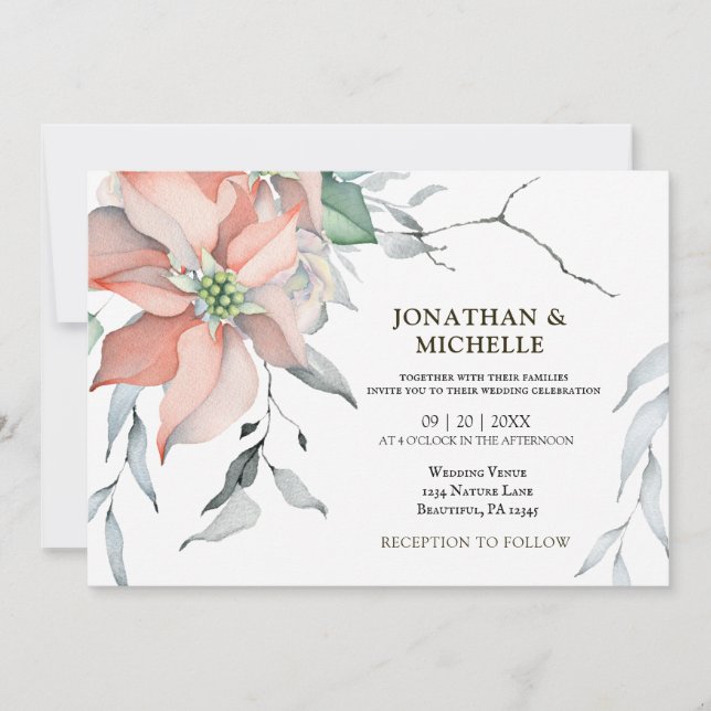 Invitación Navidades Boda cristiana de la poinsettia rosada (Anverso)