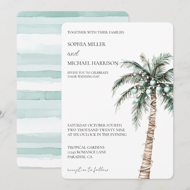 Invitación Navidades Boda de Árbol de Palma Tropical de Invie (Anverso / Reverso)