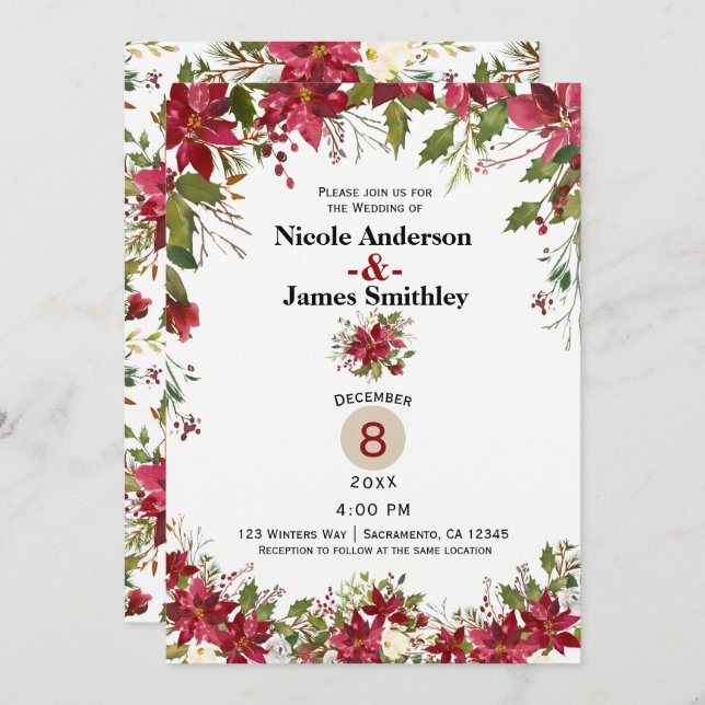 Invitación Navidades Boda de Holiday Poinsettia Holly Berry (Anverso / Reverso)