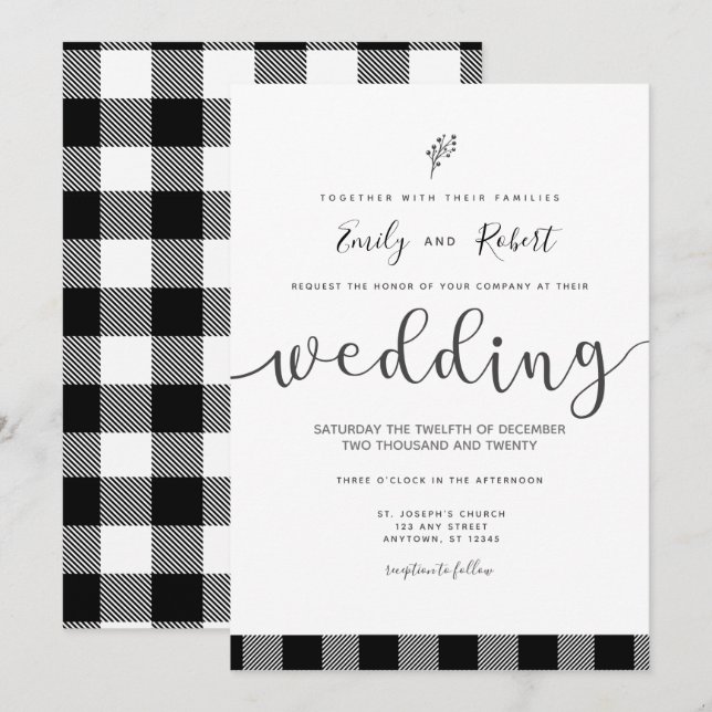 Invitación Navidades Boda de la placa de búfalo blanco negro  (Anverso / Reverso)