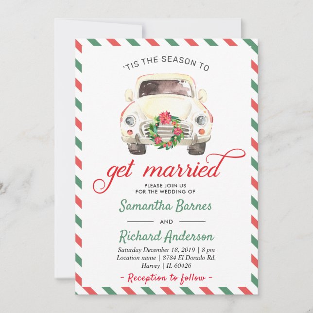 Invitación Navidades Boda de Viajes Verde Rojo de Invierno (Anverso)
