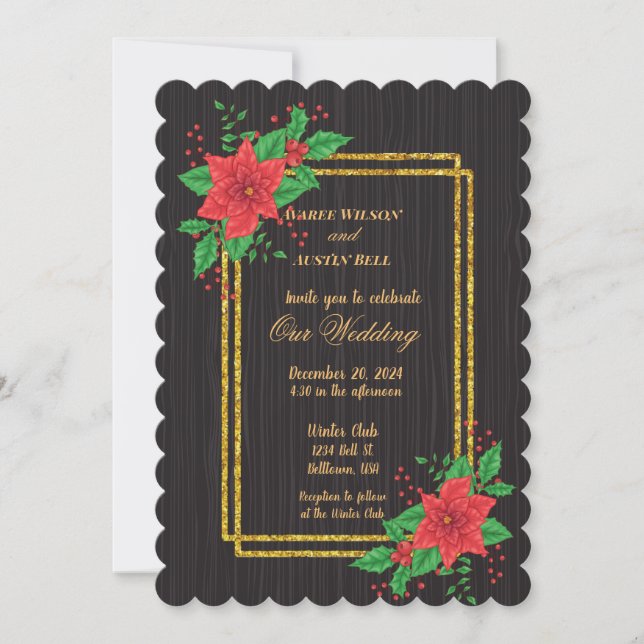 Invitación Navidades Boda del marco dorado de la poinsettia n (Anverso)