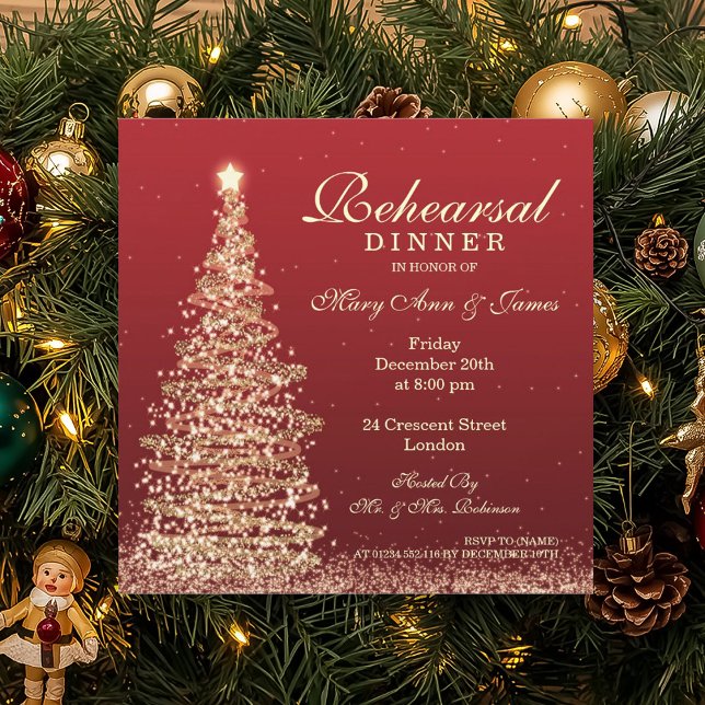 Invitación Navidades Boda ensayar cena oro rojo (Christmas Wedding Rehearsal Dinner Red Gold Invitation)