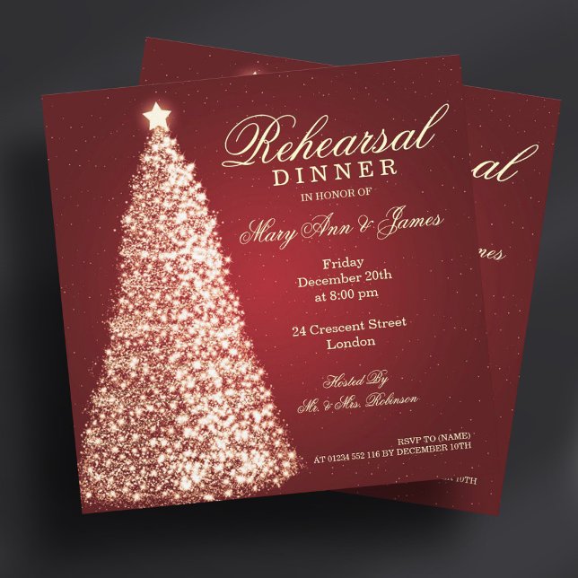 Invitación Navidades Boda ensayo Cena dorada rojo (Christmas Wedding Rehearsal Dinner Gold Red Invitation)