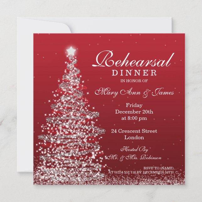 Invitación Navidades Boda ensayo Cena Plata roja (Anverso)
