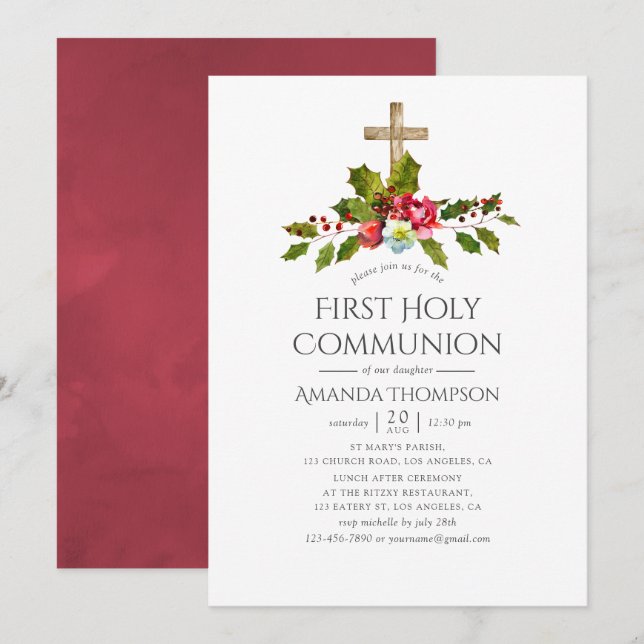 Invitación Navidades Boda Floral Primera Santa Comunión (Anverso / Reverso)