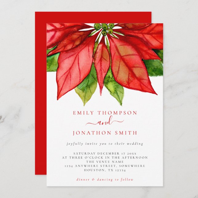 Invitación Navidades Boda Gran Poinsettia Roja (Anverso / Reverso)