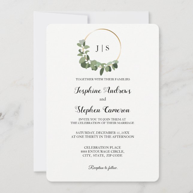 Invitación Navidades Boda Oro Verde Wreath Elegante (Anverso)