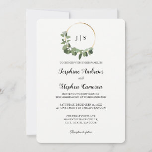 Invitación Navidades Boda Oro Verde Wreath Elegante