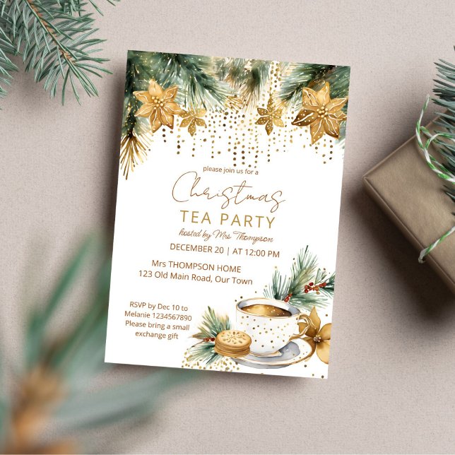 Invitación Navidades Boho Navidades brunch tea fiesta plantil (Boho Christmas Christmas brunch tea party template invitation digital download gold poinsettia cup)