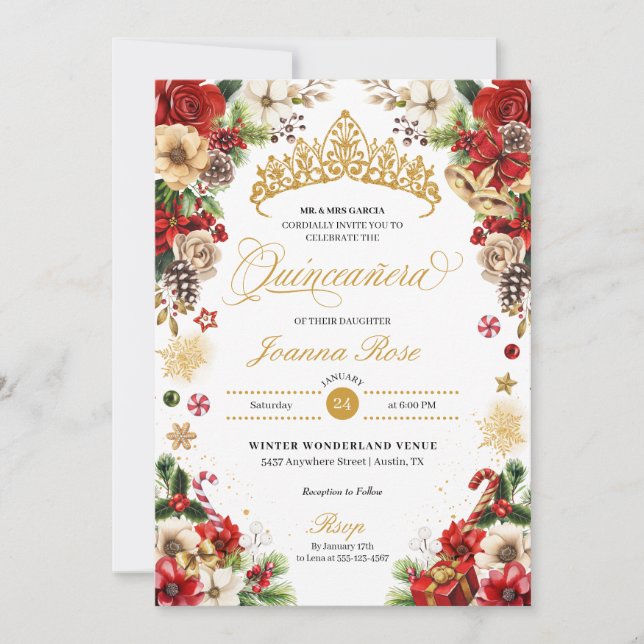 Invitación Navidades Boinsettia Quinceanera (Anverso)