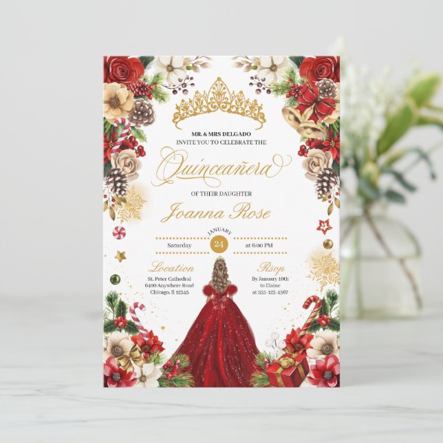 Invitación Navidades Boinsettia Quinceanera (Anverso de pie)